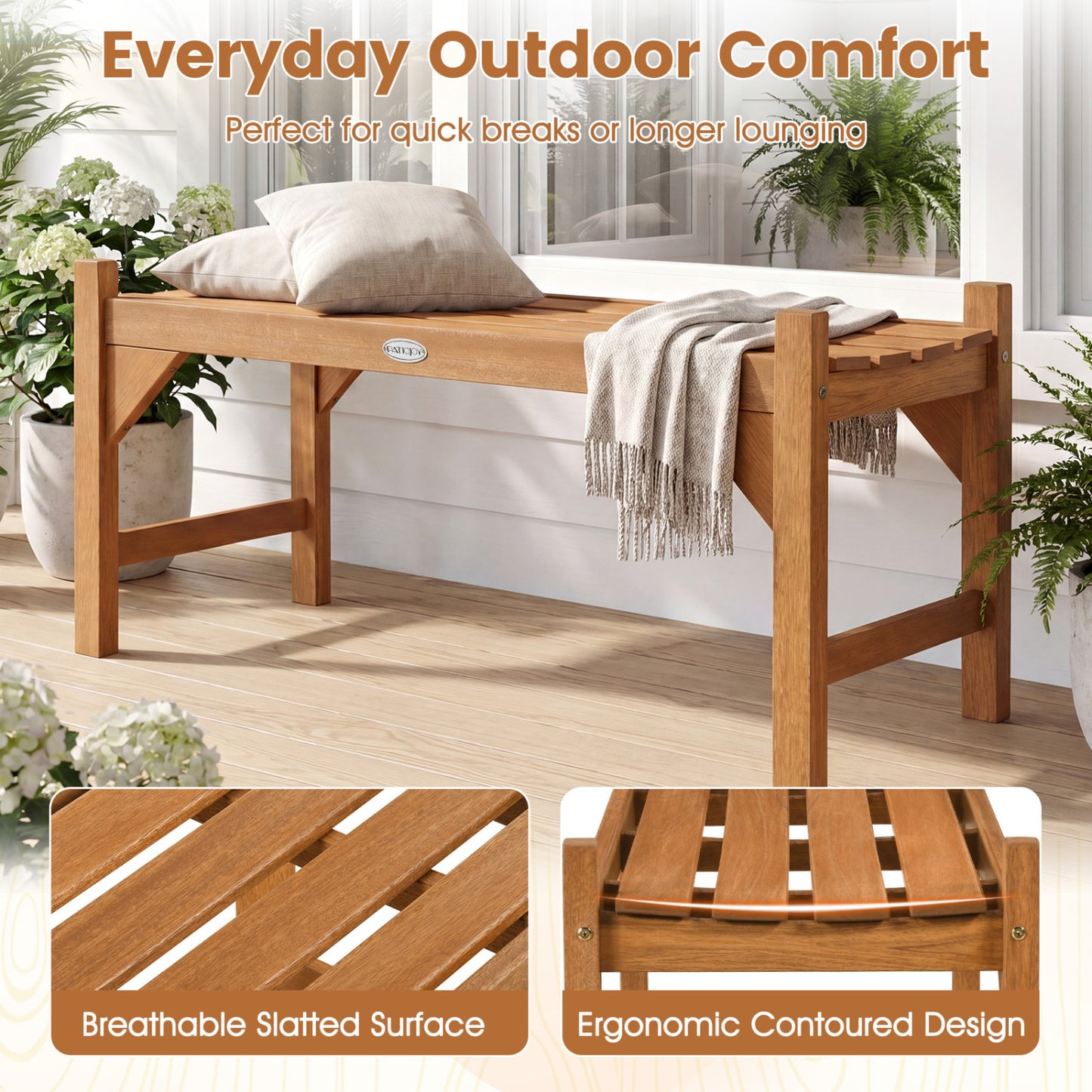 40 Inch Outdoor Bench with Slatted Contoured Seat for Deck Entryway-Set of 2, Natural Outdoor Benches at Gallery Canada