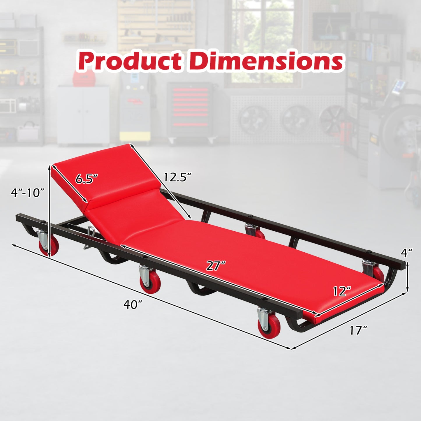 40 Inch Rolling Creeper Cart, Adjustable Backrest, Headrest, Red Garages at Gallery Canada