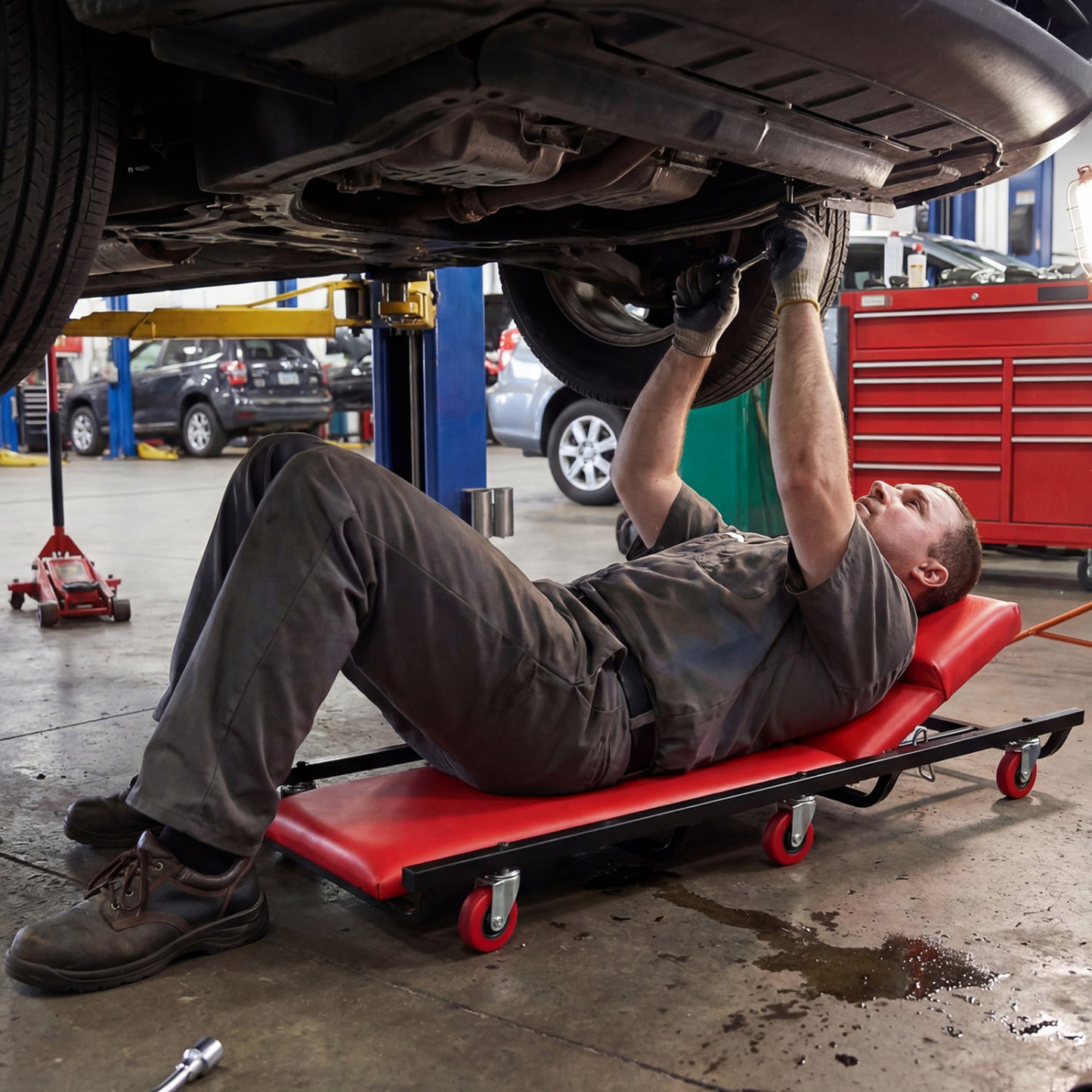 40 Inch Rolling Creeper Cart, Adjustable Backrest, Headrest, Red Garages at Gallery Canada