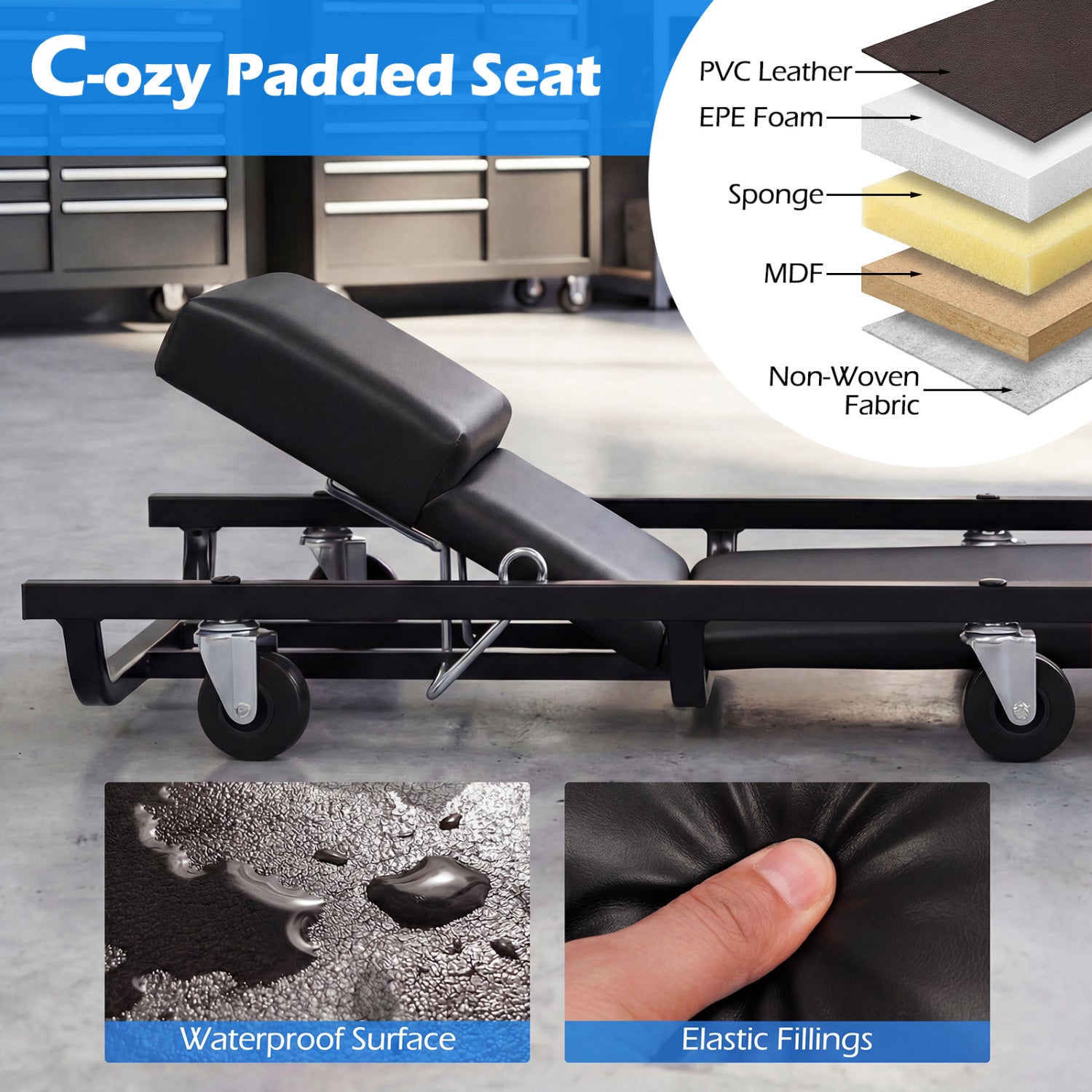 40 Inch Rolling Creeper Cart, Adjustable Backrest, Headrest, Black Garages at Gallery Canada