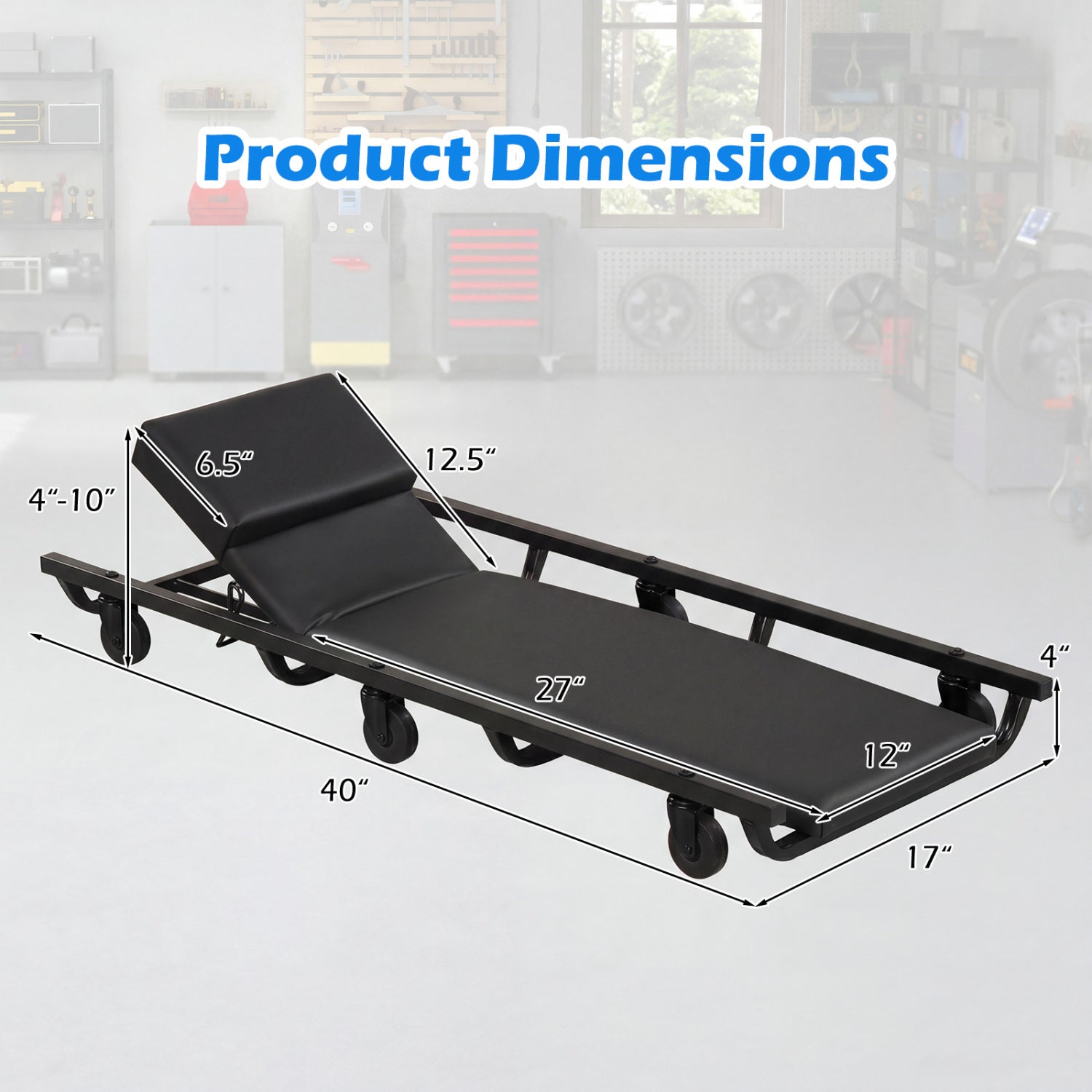 40 Inch Rolling Creeper Cart, Adjustable Backrest, Headrest, Black Garages at Gallery Canada