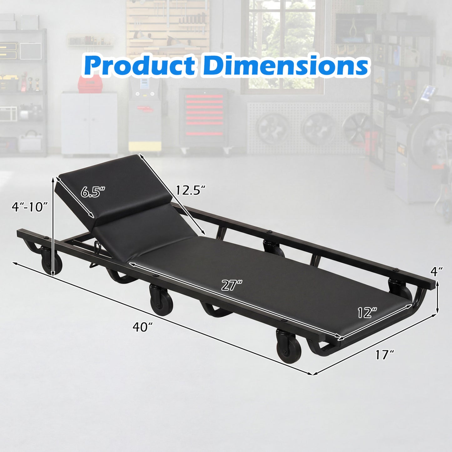 40 Inch Rolling Creeper Cart, Adjustable Backrest, Headrest, Black Garages at Gallery Canada