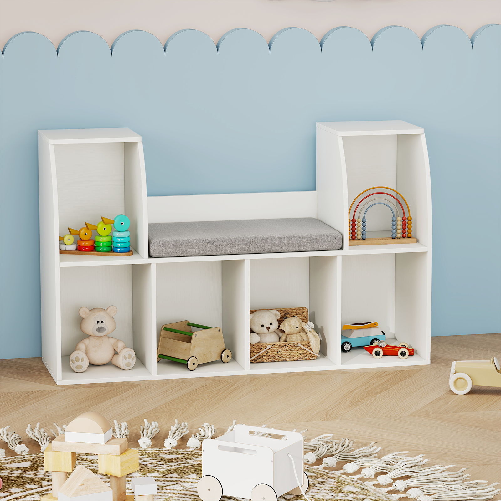 40 Inches Kids Bookshelf with Reading Nook Bookcase with 6 Open Cubes, White Kids Storage at Gallery Canada