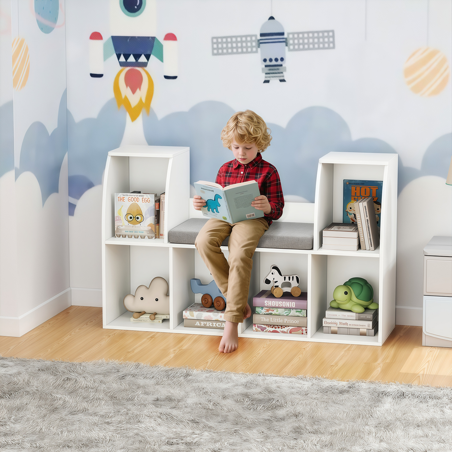40 Inches Kids Bookshelf with Reading Nook Bookcase with 6 Open Cubes, White Kids Storage at Gallery Canada