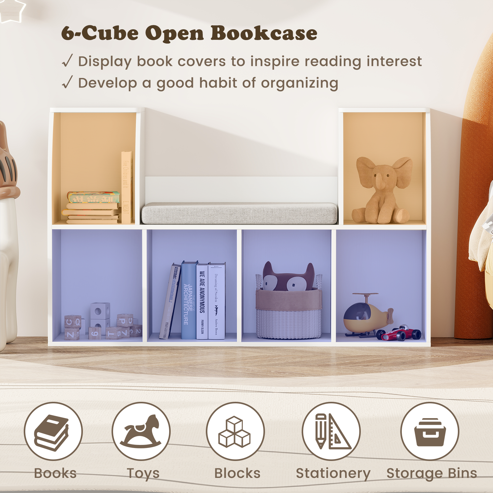 40 Inches Kids Bookshelf with Reading Nook Bookcase with 6 Open Cubes, White Kids Storage at Gallery Canada