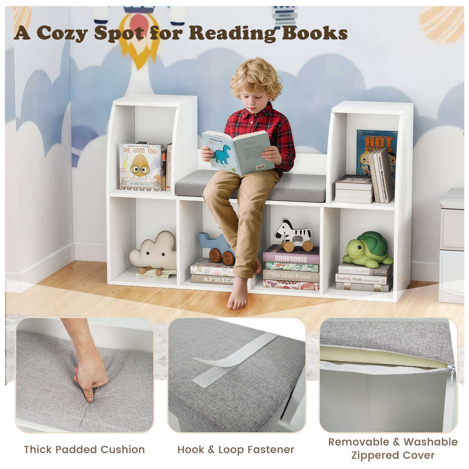 40 Inches Kids Bookshelf with Reading Nook Bookcase with 6 Open Cubes, White Kids Storage at Gallery Canada