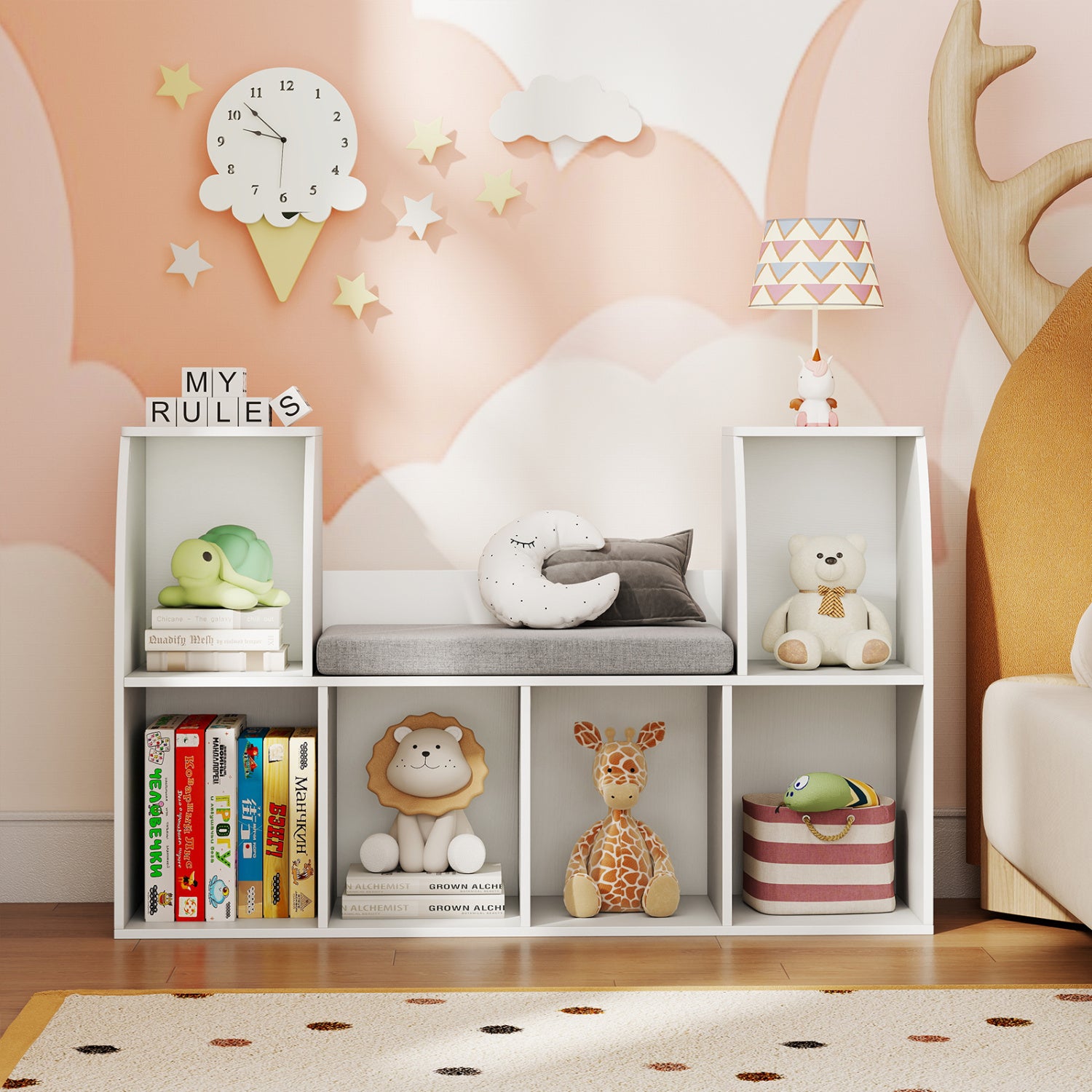 40 Inches Kids Bookshelf with Reading Nook Bookcase with 6 Open Cubes, White Kids Storage at Gallery Canada