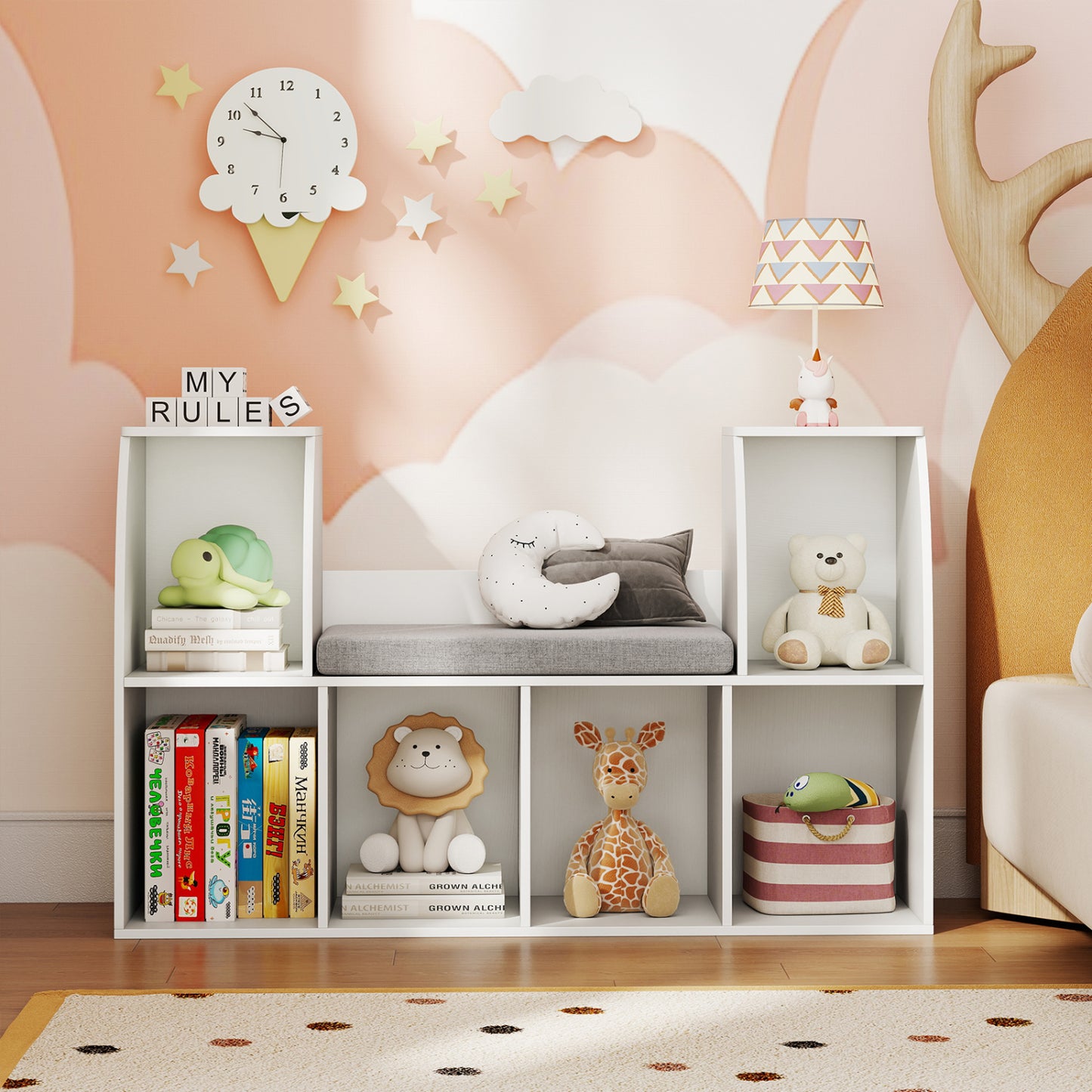 40 Inches Kids Bookshelf with Reading Nook Bookcase with 6 Open Cubes, White Kids Storage at Gallery Canada