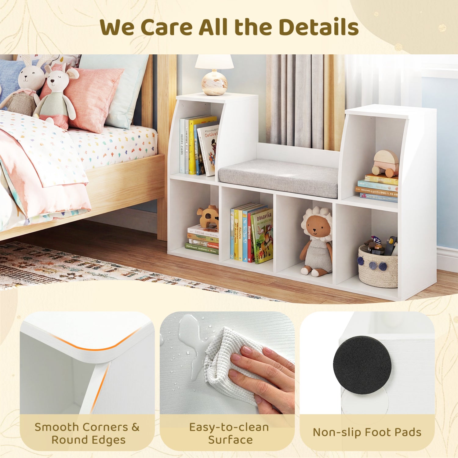 40 Inches Kids Bookshelf with Reading Nook Bookcase with 6 Open Cubes, White Kids Storage at Gallery Canada