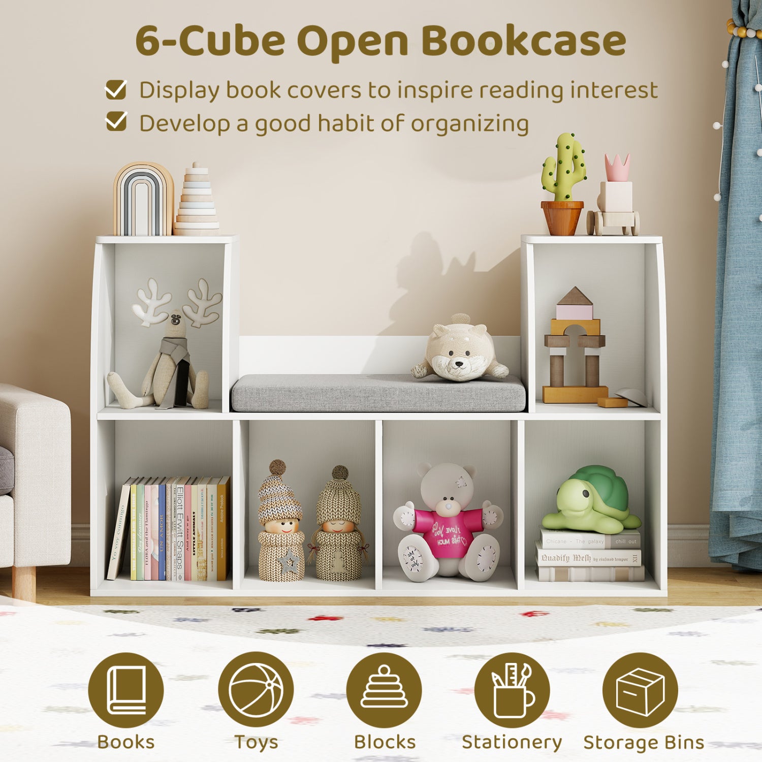 40 Inches Kids Bookshelf with Reading Nook Bookcase with 6 Open Cubes, White Kids Storage at Gallery Canada