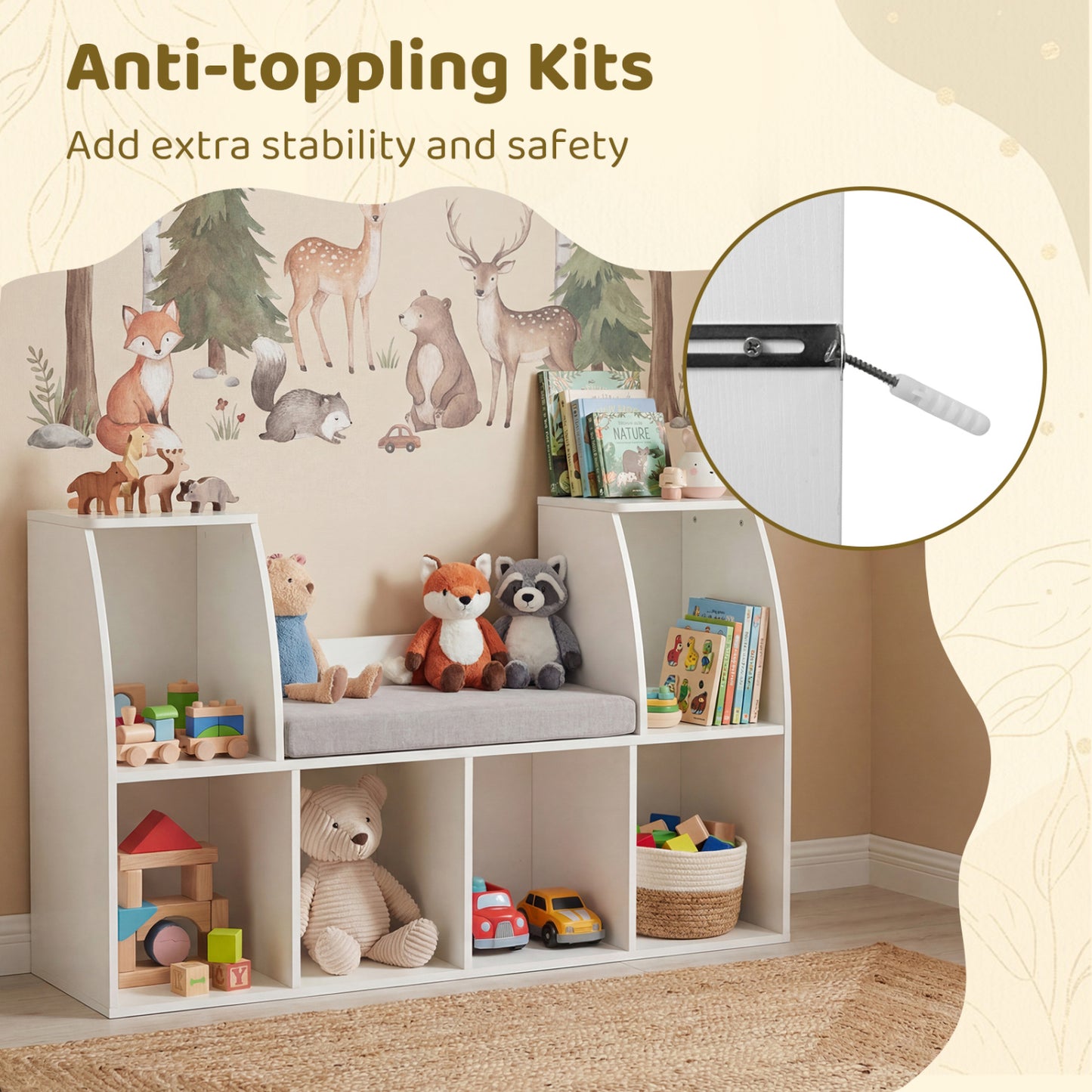 40 Inches Kids Bookshelf with Reading Nook Bookcase with 6 Open Cubes, White Kids Storage at Gallery Canada