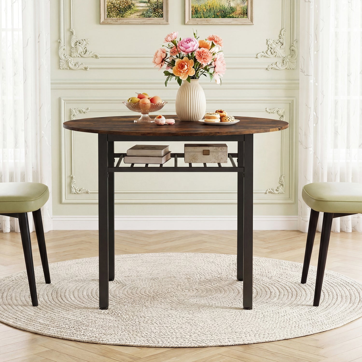 40” Round Kitchen Table with Storage Shelf and Metal Frame for 4 People, Rustic Brown Dining Tables at Gallery Canada