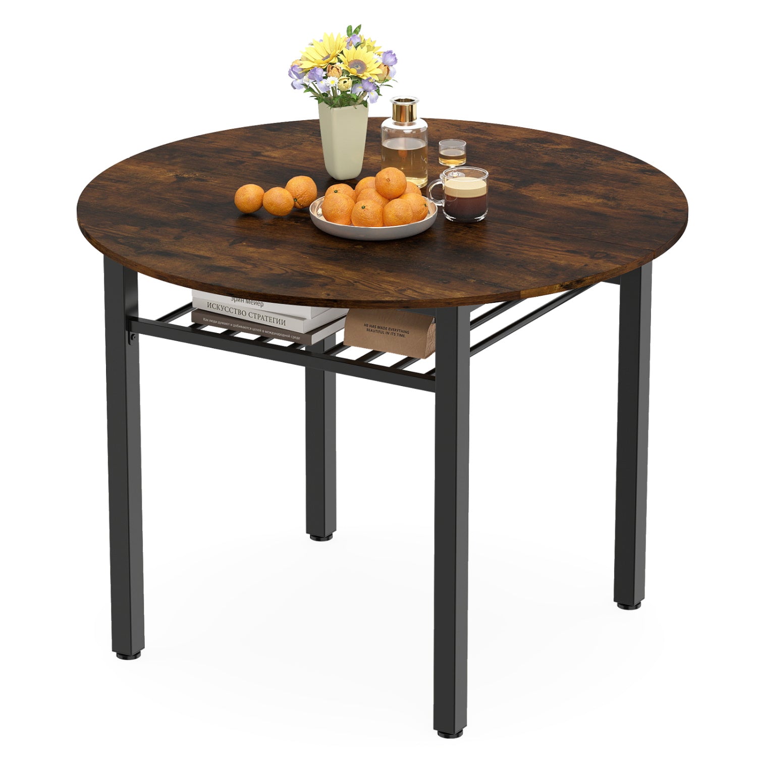 40” Round Kitchen Table with Storage Shelf and Metal Frame for 4 People, Rustic Brown Dining Tables at Gallery Canada