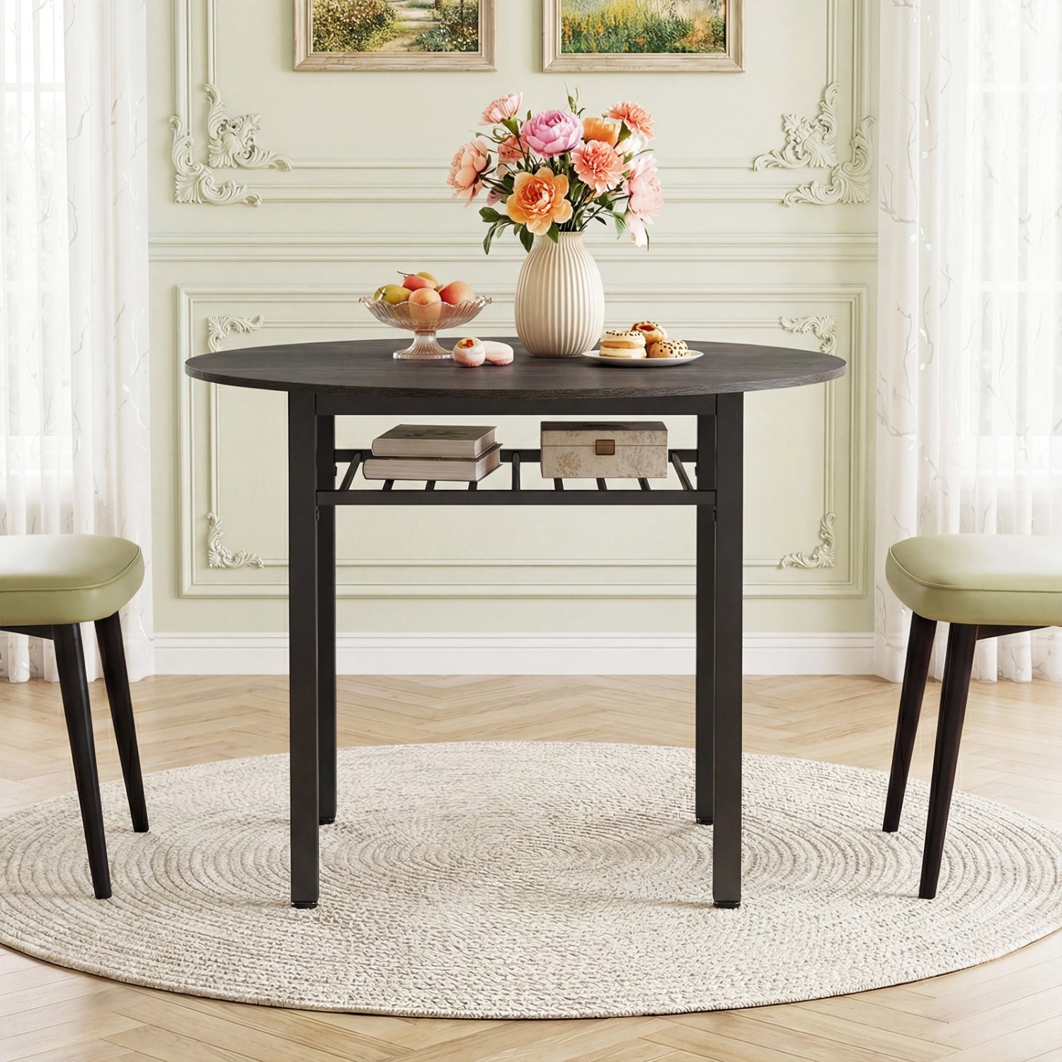 40” Round Kitchen Table with Storage Shelf and Metal Frame for 4 People, Gray Dining Tables at Gallery Canada