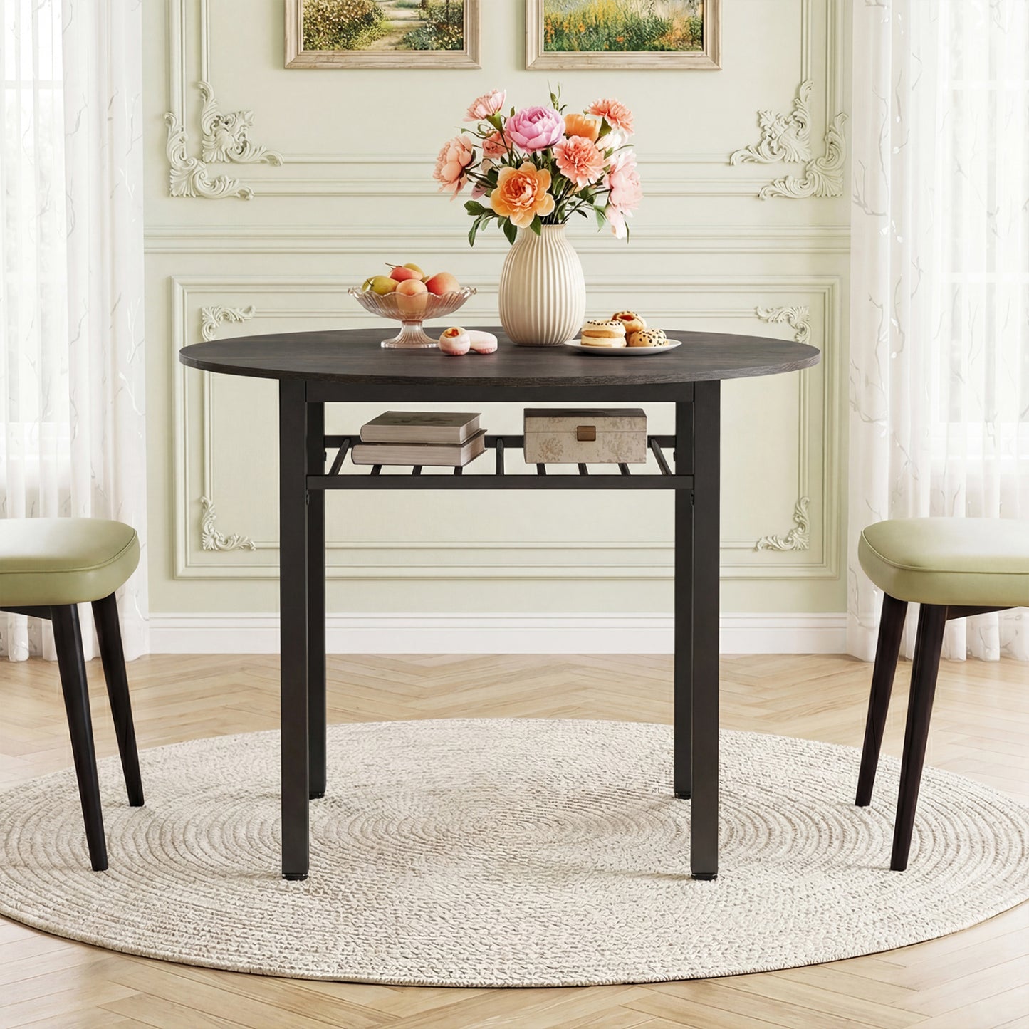 40” Round Kitchen Table with Storage Shelf and Metal Frame for 4 People, Gray Dining Tables at Gallery Canada