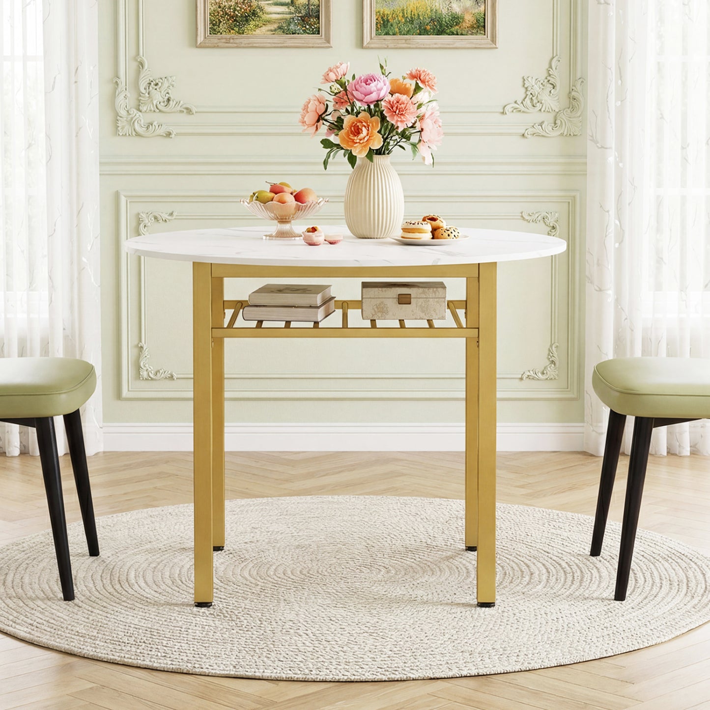 40” Round Kitchen Table with Storage Shelf and Metal Frame for 4 People, White Dining Tables at Gallery Canada