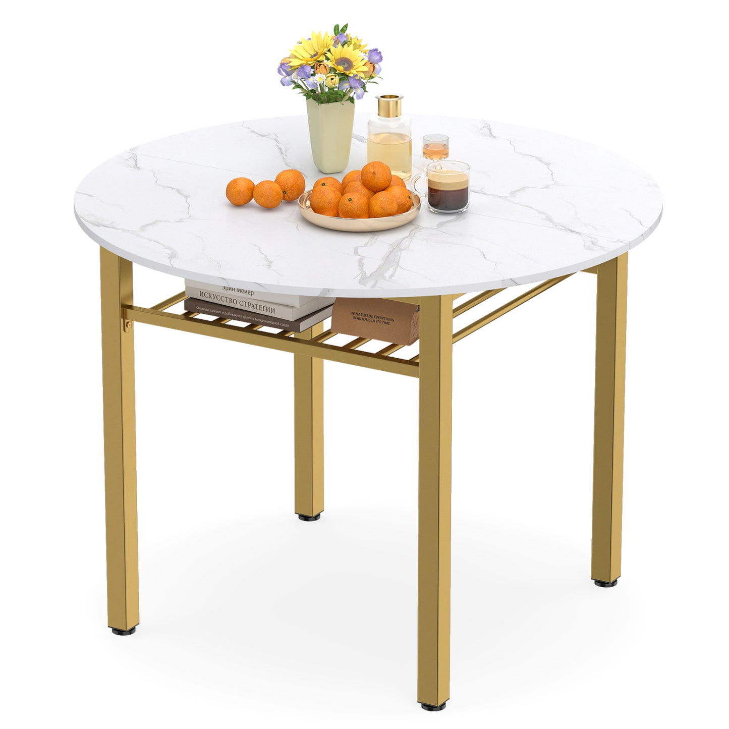 40” Round Kitchen Table with Storage Shelf and Metal Frame for 4 People, White Dining Tables at Gallery Canada