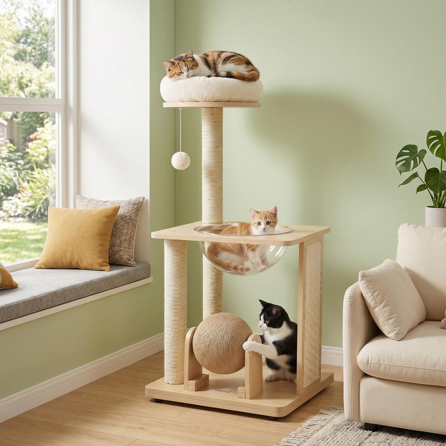 Arbre à chat en bois massif « 40 » avec capsule spatiale et poteaux en sisal