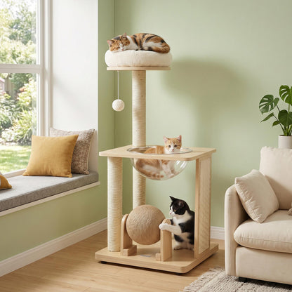 Arbre à chat en bois massif « 40 » avec capsule spatiale et poteaux en sisal