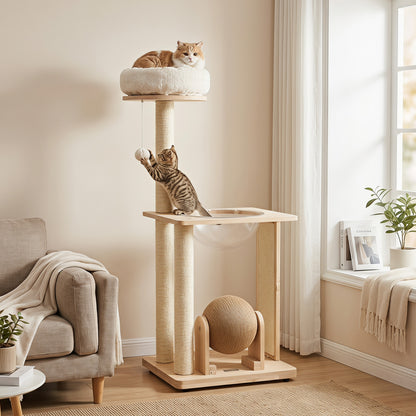 Arbre à chat en bois massif « 40 » avec capsule spatiale et poteaux en sisal