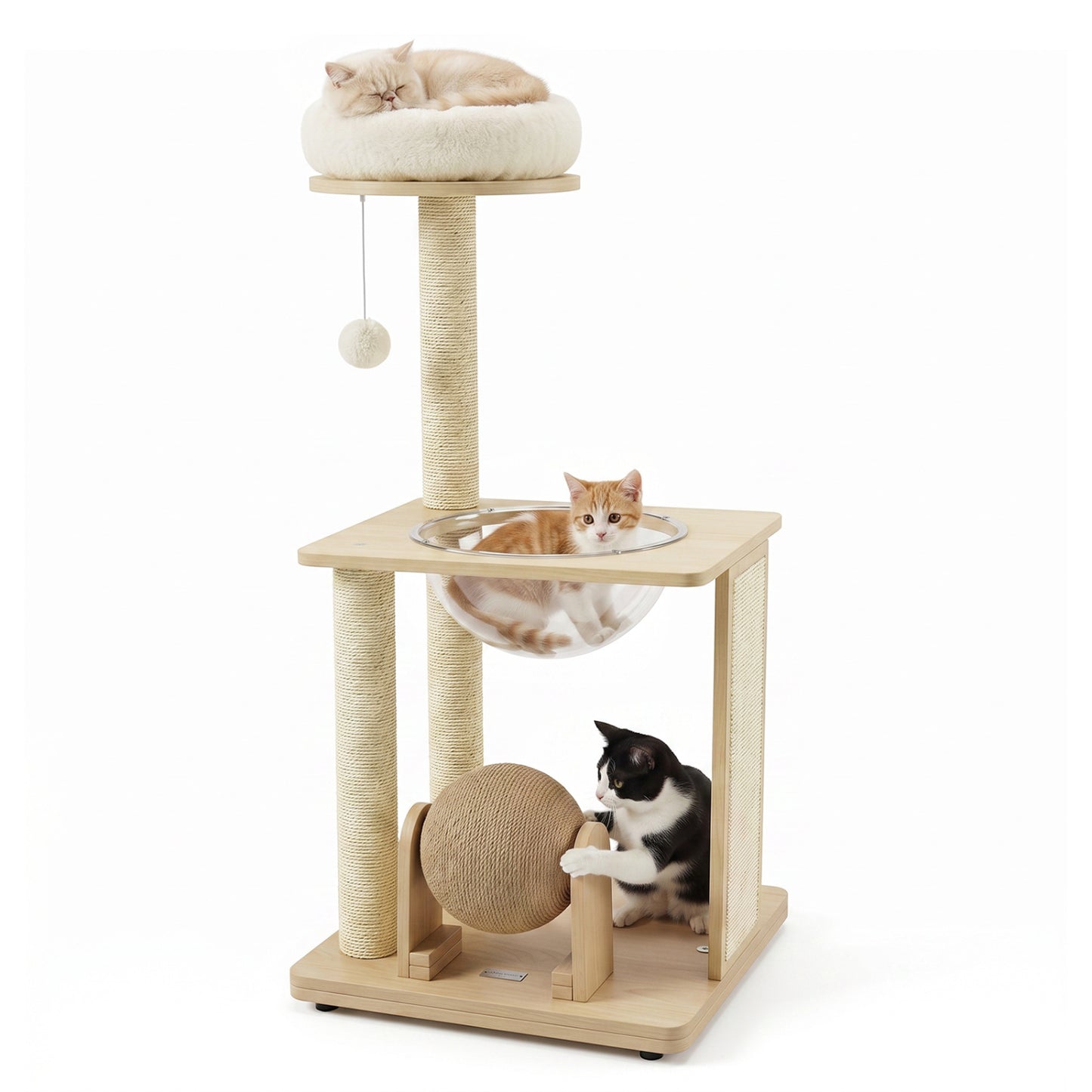 Arbre à chat en bois massif « 40 » avec capsule spatiale et poteaux en sisal