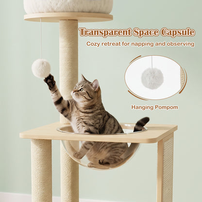 Arbre à chat en bois massif « 40 » avec capsule spatiale et poteaux en sisal