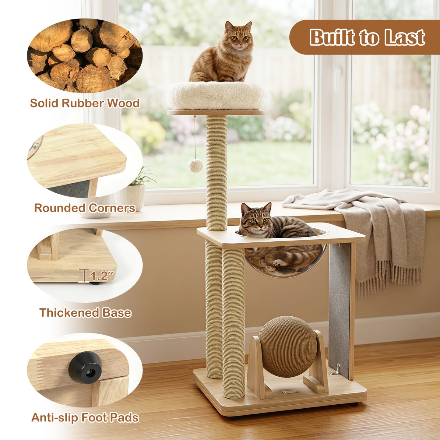Arbre à chat en bois massif « 40 » avec capsule spatiale et poteaux en sisal