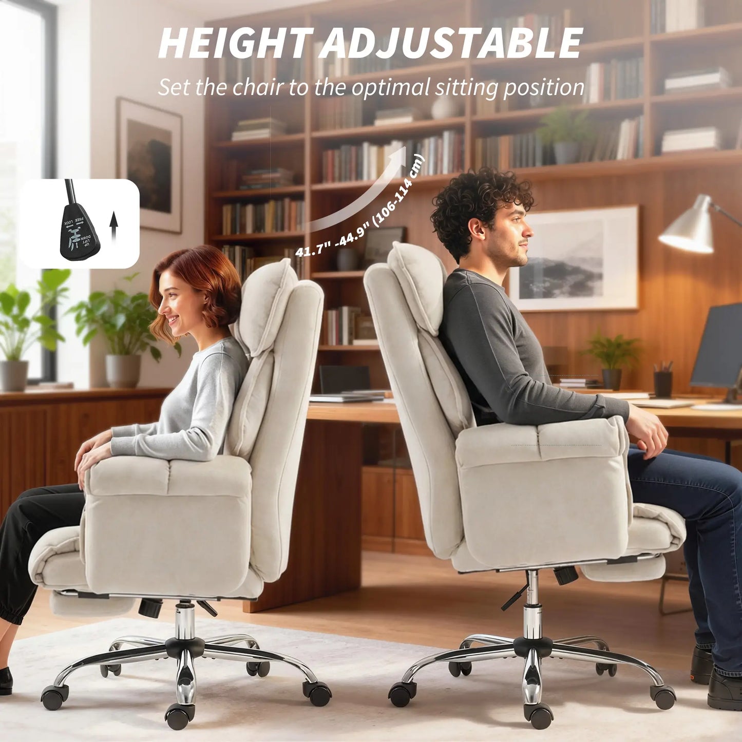 Desk Chair With Footrest, Adjustable Backrest, Cream White, Cream White