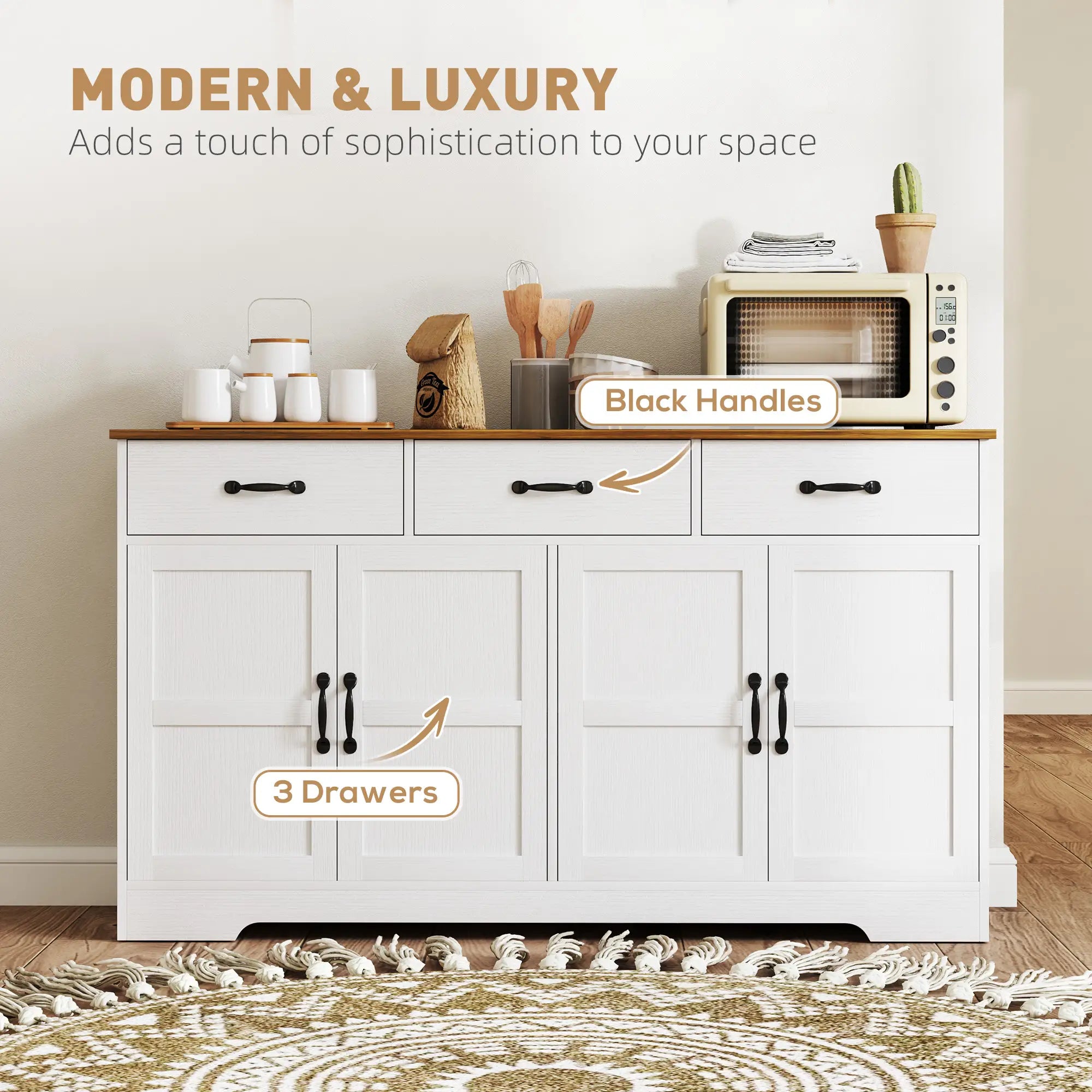 Modern Sideboard Buffet Cabinet, Distressed White, 3 Drawers, Adjustable Shelves, White Bar Cabinets at Gallery Canada