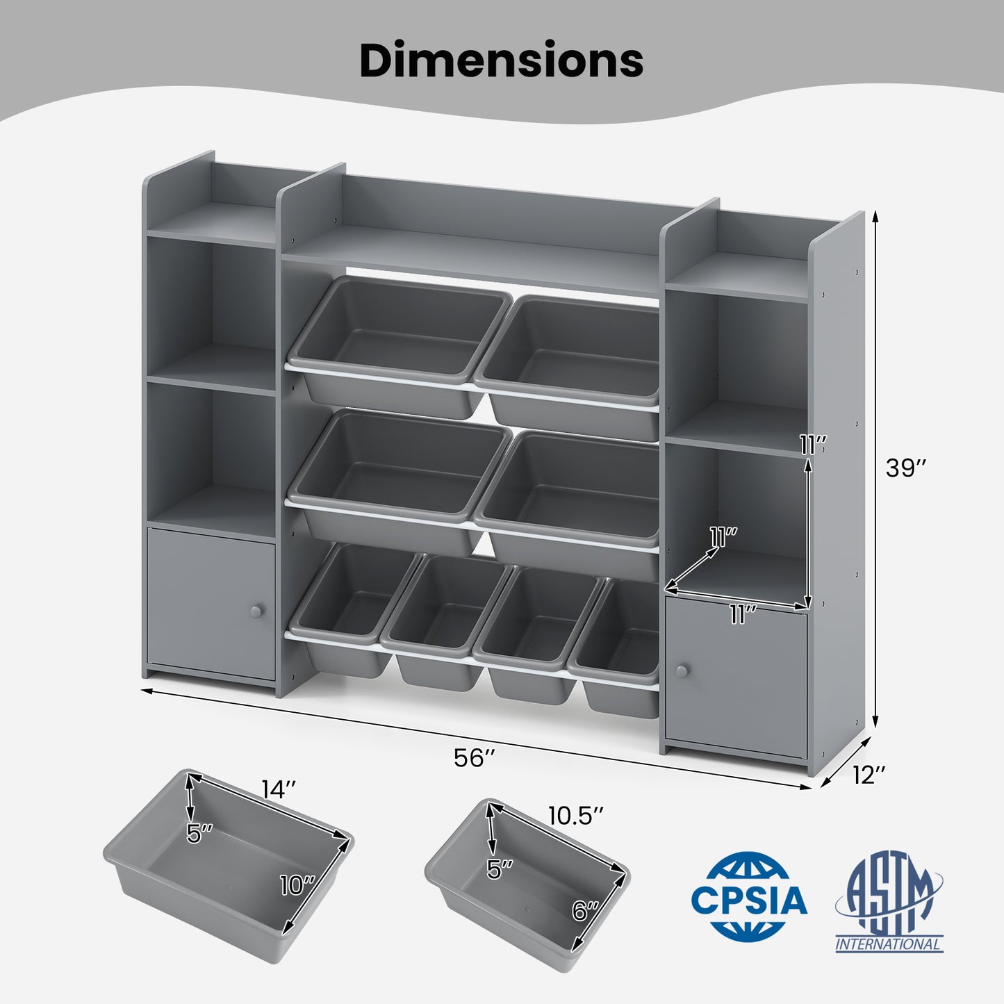 56 inch Large Toy Storage Organizer with 8 Removable Bins and Bookshelf, Gray Kids Storage at Gallery Canada