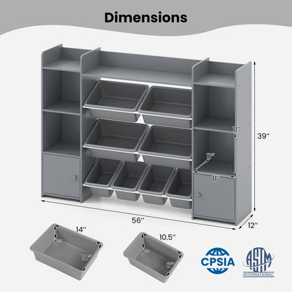 56 inch Large Toy Storage Organizer with 8 Removable Bins and Bookshelf, Gray Kids Storage at Gallery Canada