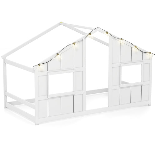 Twin Size House Bed With LED Lights, Montessori Floor Bed, White