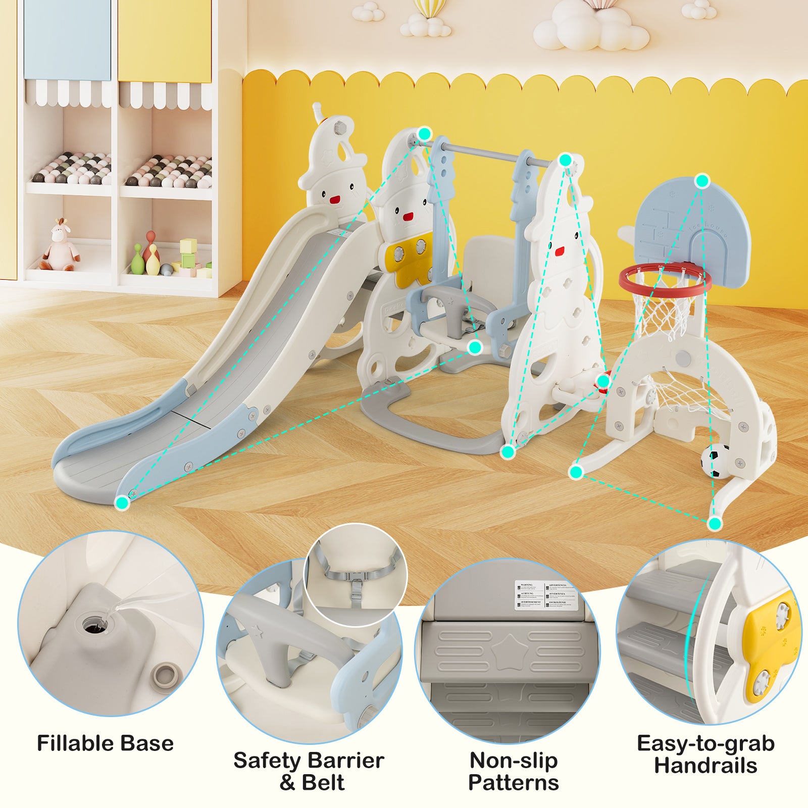 7 in 1 Toddler Slide and Swing Set with Height Adjustable Swing and Basketball Hoop, Multicolor Swing & Playsets at Gallery Canada