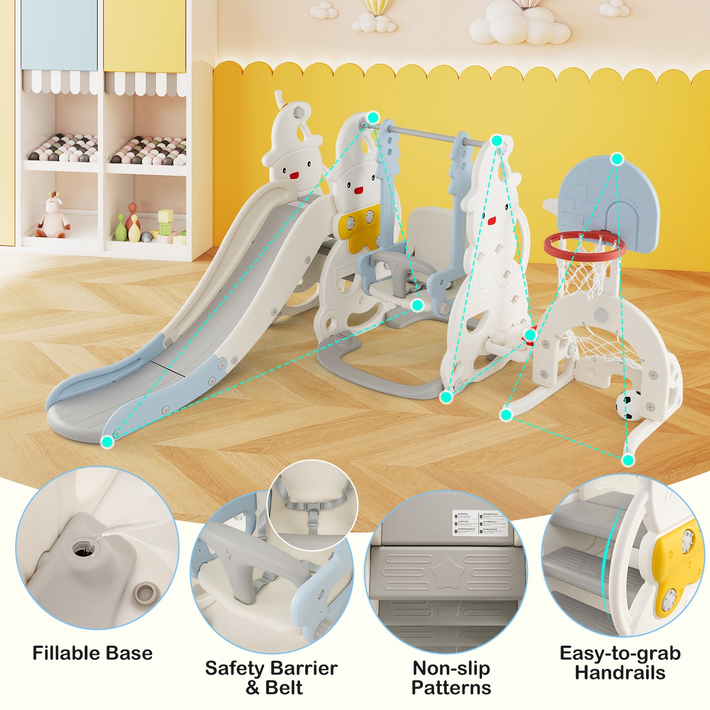 7 in 1 Toddler Slide and Swing Set with Height Adjustable Swing and Basketball Hoop, Multicolor Swing & Playsets at Gallery Canada