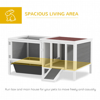 Wooden Rabbit Hutch With Run, Openable Top, Pull Out Tray, Ramp, Water-Resistant Roof, Grey