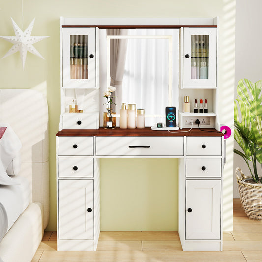 41.5 Inch Makeup Dressing Table with Power Outlets and 3 Color Lighting Modes-WH+, White