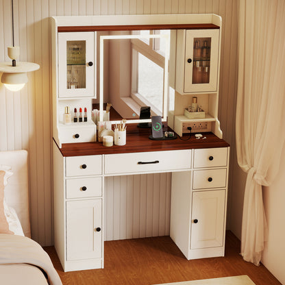 41.5 Inch Makeup Dressing Table with Power Outlets and 3 Color Lighting Modes-WH+, White