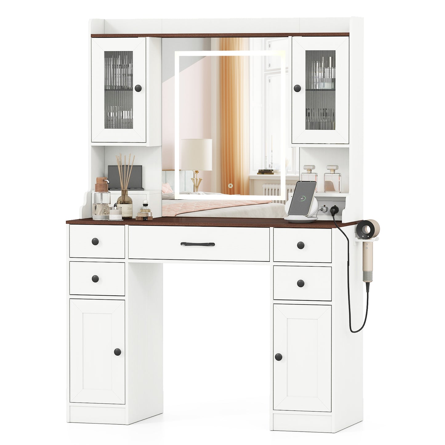 41.5 Inch Makeup Dressing Table with Power Outlets and 3 Color Lighting Modes-WH+, White