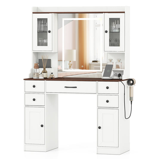 41.5 Inch Makeup Dressing Table with Power Outlets and 3 Color Lighting Modes-WH+, White