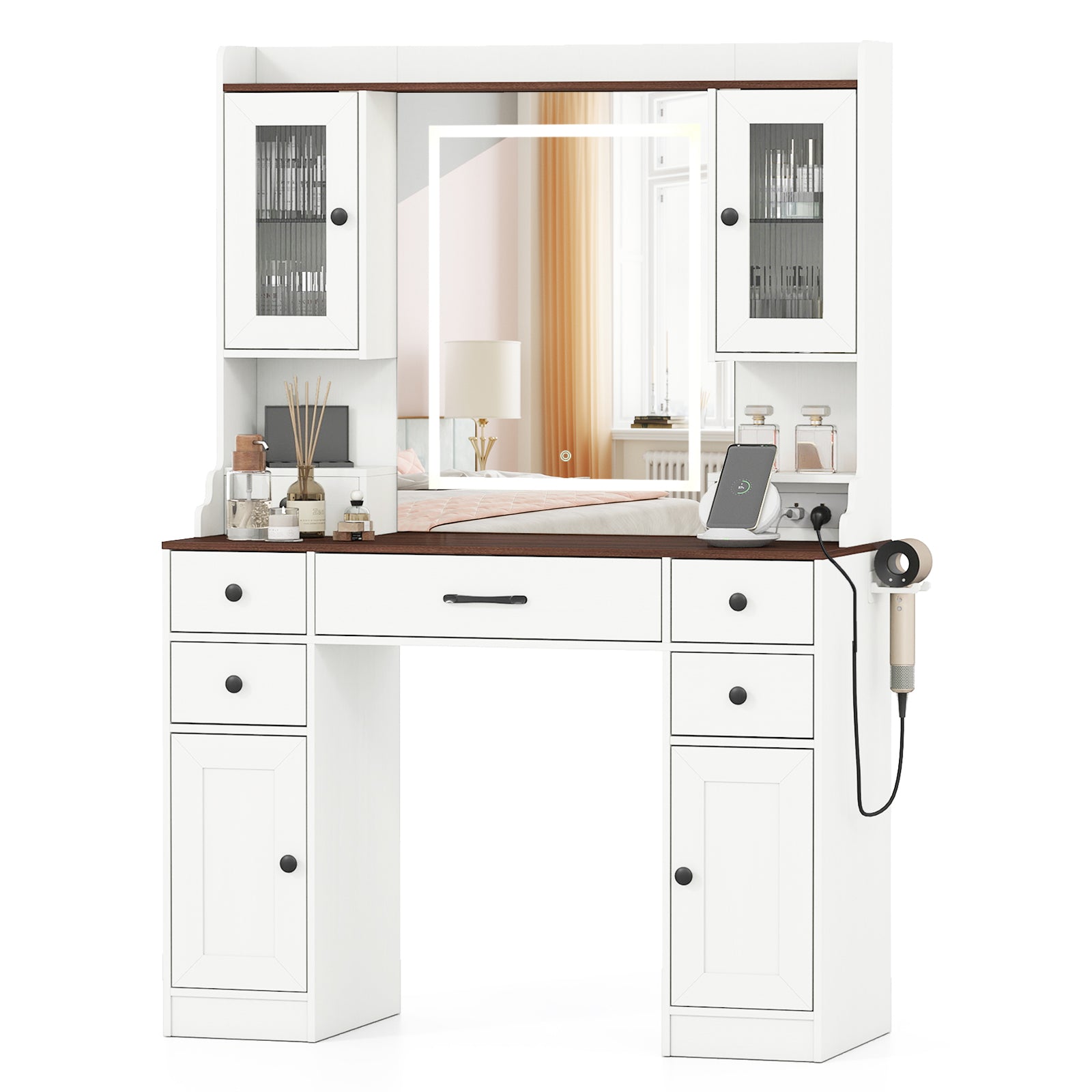 41.5 Inch Makeup Dressing Table with Power Outlets and 3 Color Lighting Modes-WH+, White Makeup Vanities White at Gallery Canada