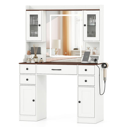 41.5 Inch Makeup Dressing Table with Power Outlets and 3 Color Lighting Modes-WH+, White Makeup Vanities White at Gallery Canada