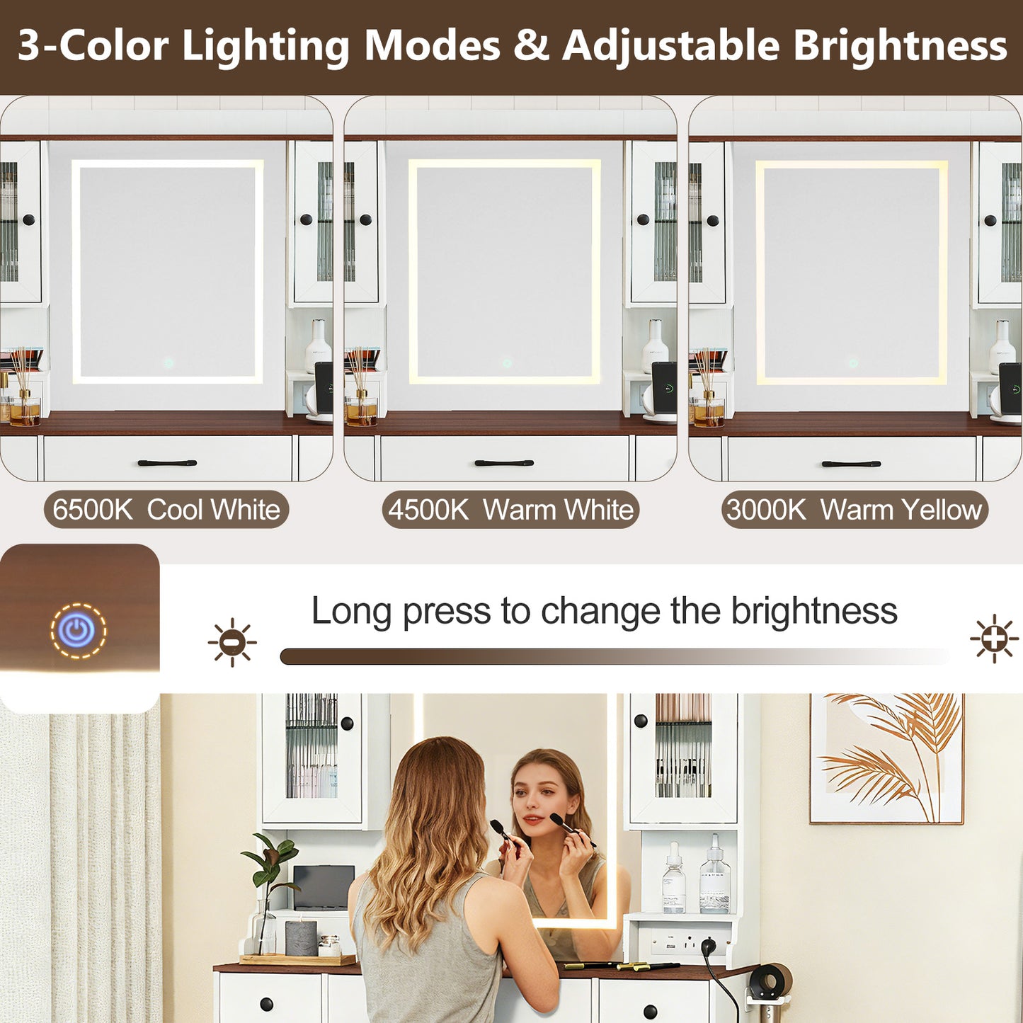 41.5 Inch Makeup Dressing Table with Power Outlets and 3 Color Lighting Modes-WH+, White