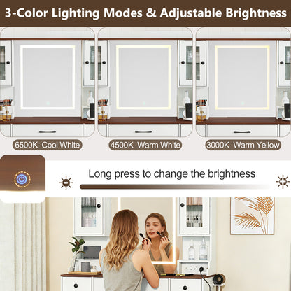 41.5 Inch Makeup Dressing Table with Power Outlets and 3 Color Lighting Modes-WH+, White