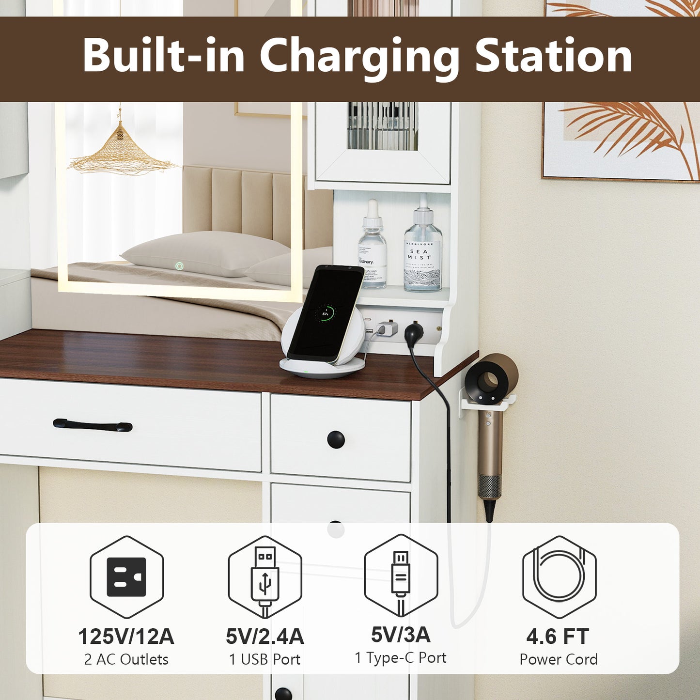 41.5 Inch Makeup Dressing Table with Power Outlets and 3 Color Lighting Modes-WH+, White