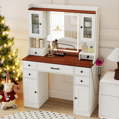 41.5 Inch Makeup Dressing Table with Power Outlets and 3 Color Lighting Modes-WH+, White