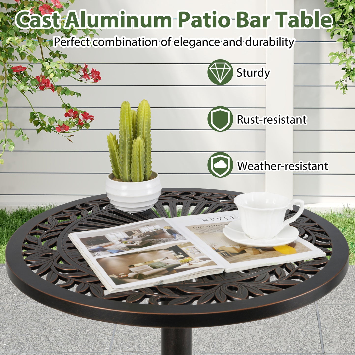 41.5 Inch Patio Round Bar Table Cast Aluminum Bistro Table for Garden, Bronze Patio Coffee Tables at Gallery Canada