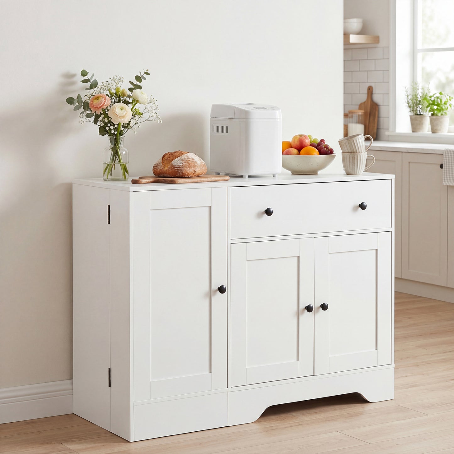 Modern Coffee Bar Cabinet 41.5", 3 Doors Rolling Wheel, White