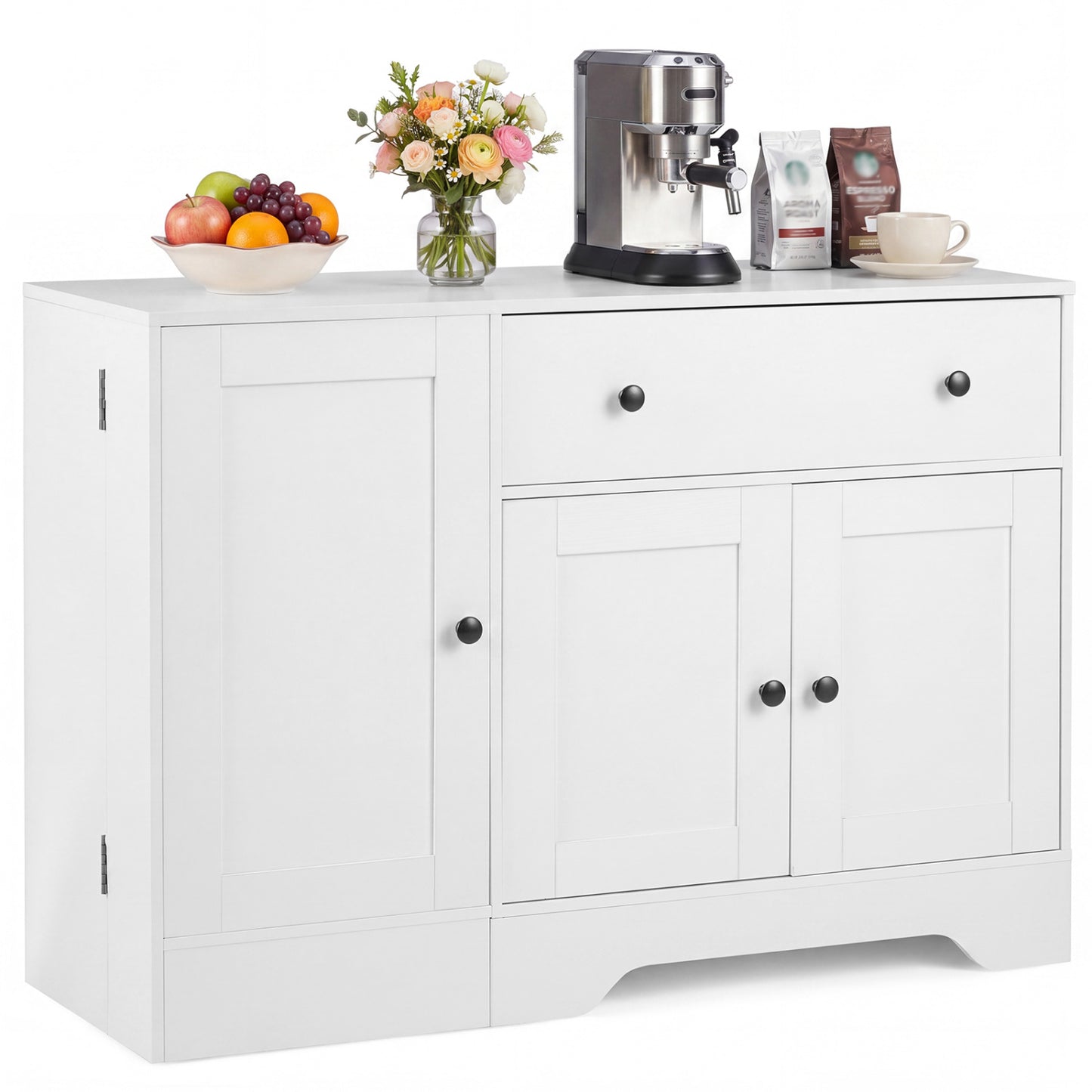 Modern Coffee Bar Cabinet 41.5", 3 Doors Rolling Wheel, White
