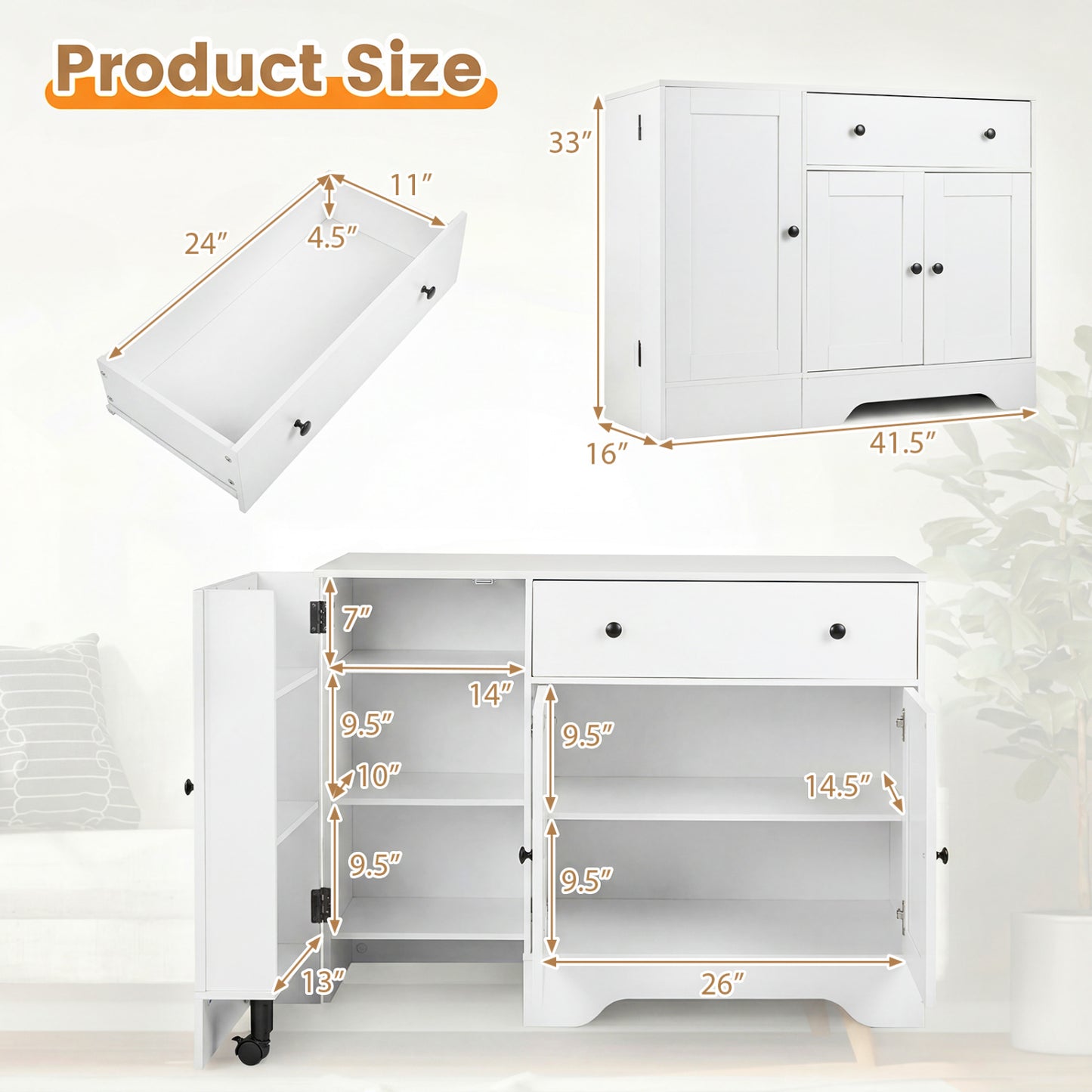 Modern Coffee Bar Cabinet 41.5", 3 Doors Rolling Wheel, White