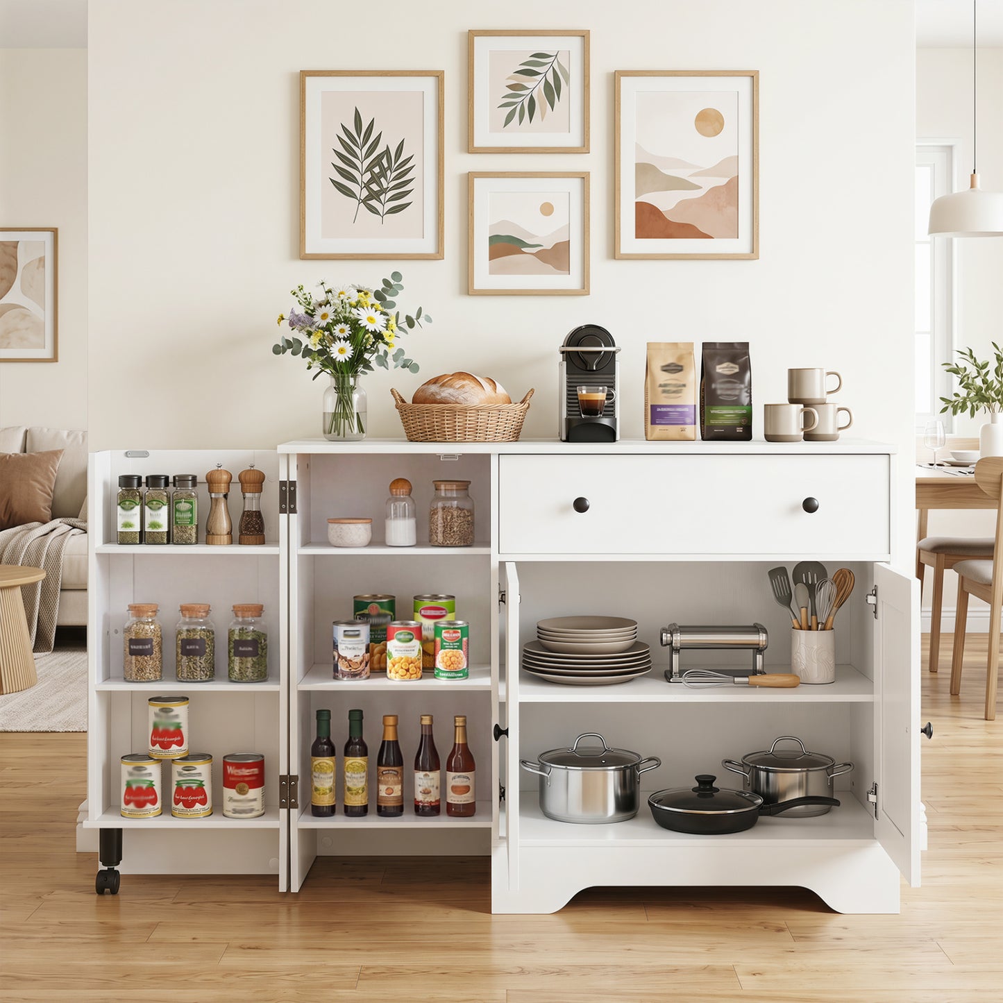 Modern Coffee Bar Cabinet 41.5", 3 Doors Rolling Wheel, White